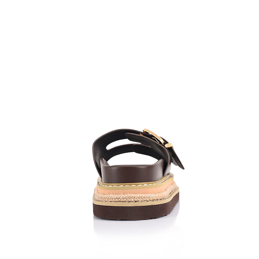 Women's chocolate brown vegan upper platform footbed slide with espadrille inspired sole and double buckle detailing