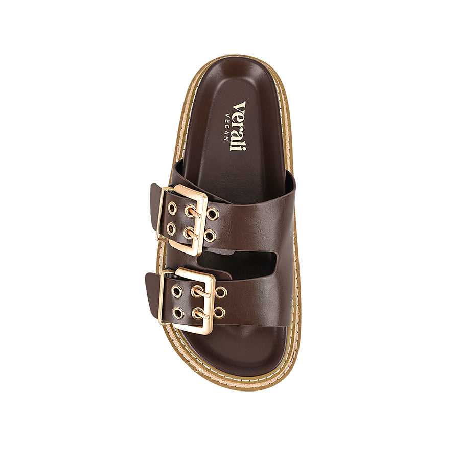 Women's chocolate brown vegan upper platform footbed slide with espadrille inspired sole and double buckle detailing