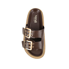 Women's chocolate brown vegan upper platform footbed slide with espadrille inspired sole and double buckle detailing