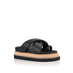 Women's black puffy platform slides with toe ring and contrast sole