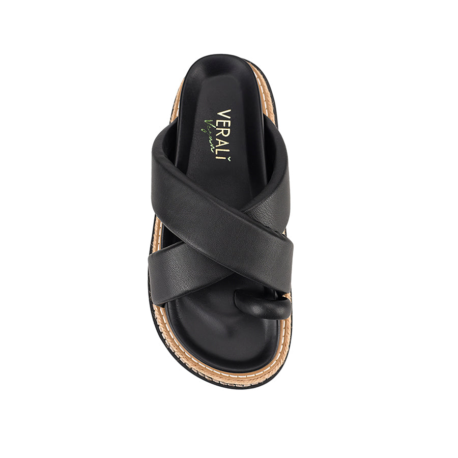 Women's black puffy platform slides with toe ring and contrast sole