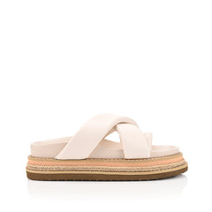 Women's white puffy platform slides with toe ring and contrast sole