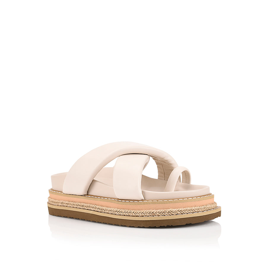 Women's white puffy platform slides with toe ring and contrast sole