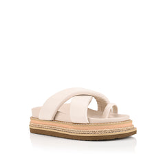 Women's white puffy platform slides with toe ring and contrast sole