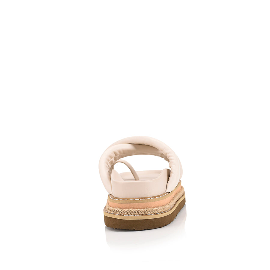 Women's white puffy platform slides with toe ring and contrast sole