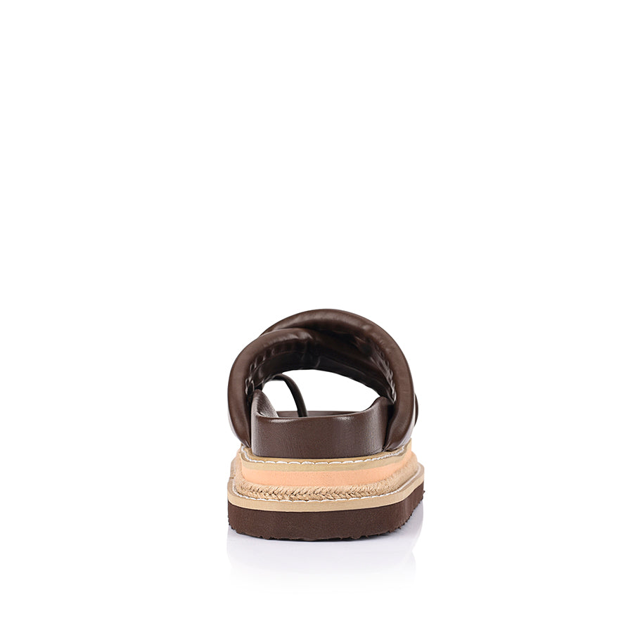 Women's platform sandal with crossover straps and toe ring in chocolate brown