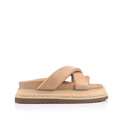 Women's platform sandal with crossover straps and toe ring in biscuit