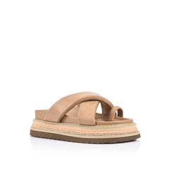 Women's platform sandal with crossover straps and toe ring in biscuit