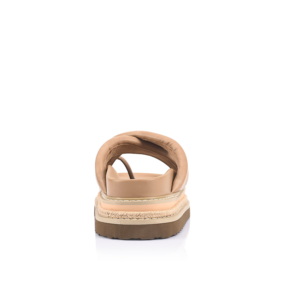 Women's platform sandal with crossover straps and toe ring in biscuit