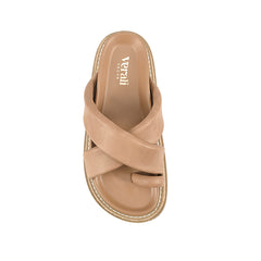 Women's platform sandal with crossover straps and toe ring in biscuit