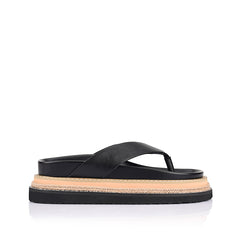 Women's black vegan footbed platform thong with contrast rope sole 