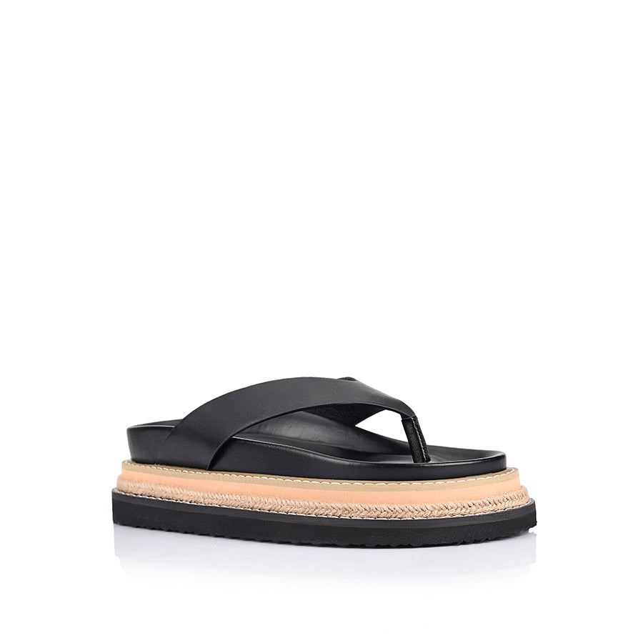 Women's black vegan footbed platform thong with contrast rope sole 