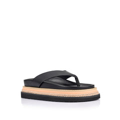 Women's black vegan footbed platform thong with contrast rope sole 