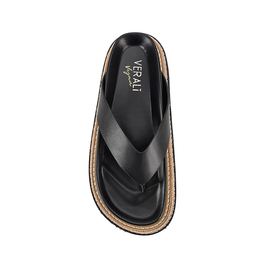 Women's black vegan footbed platform thong with contrast rope sole 