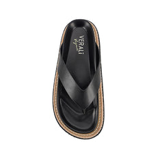 Women's black vegan footbed platform thong with contrast rope sole 