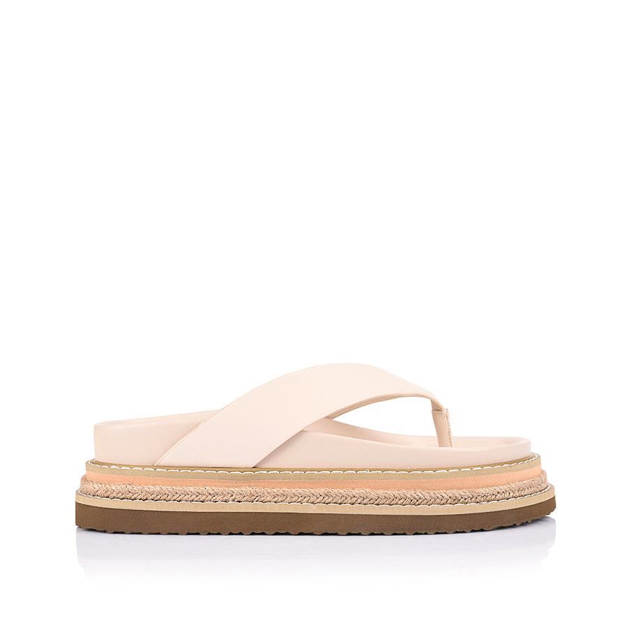 Women's bone beige vegan footbed platform thong with contrast rope sole 