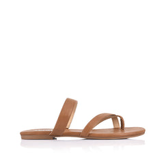 Women's vegan tan flat sandal with crossover straps and toe ring