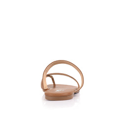 Women's vegan tan flat sandal with crossover straps and toe ring
