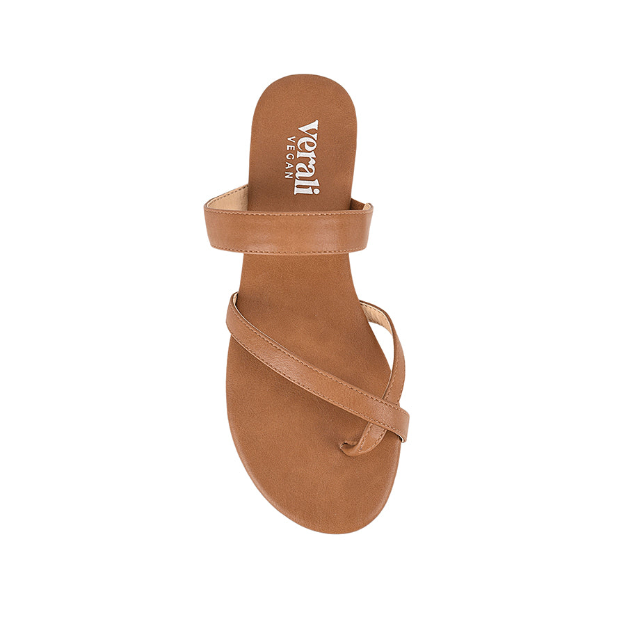 Women's vegan tan flat sandal with crossover straps and toe ring
