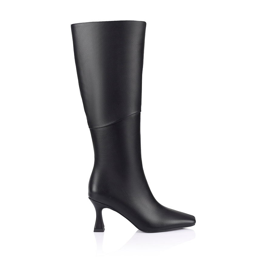 Women's vegan black smooth knee high boot with chiseled toe and flared stiletto heel