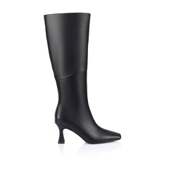 Women's vegan black smooth knee high boot with chiseled toe and flared stiletto heel