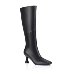 Women's vegan black smooth knee high boot with chiseled toe and flared stiletto heel