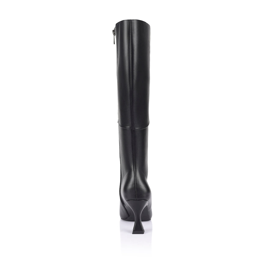 Women's vegan black smooth knee high boot with chiseled toe and flared stiletto heel