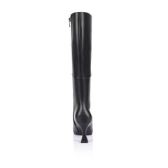 Women's vegan black smooth knee high boot with chiseled toe and flared stiletto heel