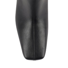 Women's vegan black smooth knee high boot with chiseled toe and flared stiletto heel