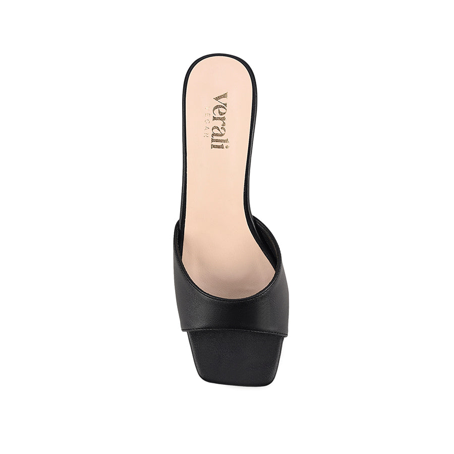 Black block heel mule with a square toe shape