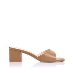 Camel block heel mule with a square toe shape