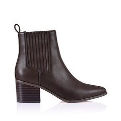 A brown ankle boot with elastic side gusset and a smooth almond shaped toe, with a pull-on fastening.