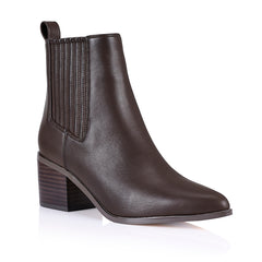A brown ankle boot with elastic side gusset and a smooth almond shaped toe, with a pull-on fastening.