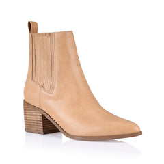 A caramel-colored ankle boot with an elastic side gusset and a smooth almond-shaped toe, set against a white background.